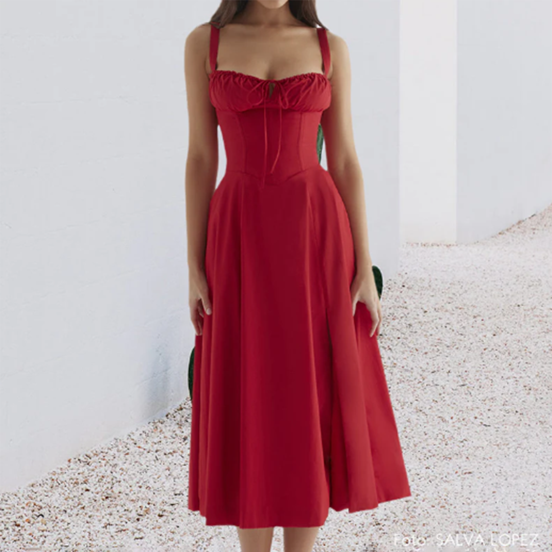 Elegancka Sukienka Midi - Gorsetowy Design & Cienkie Ramiączka