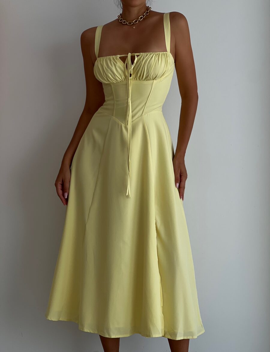 Elegancka Sukienka Midi - Gorsetowy Design & Cienkie Ramiączka