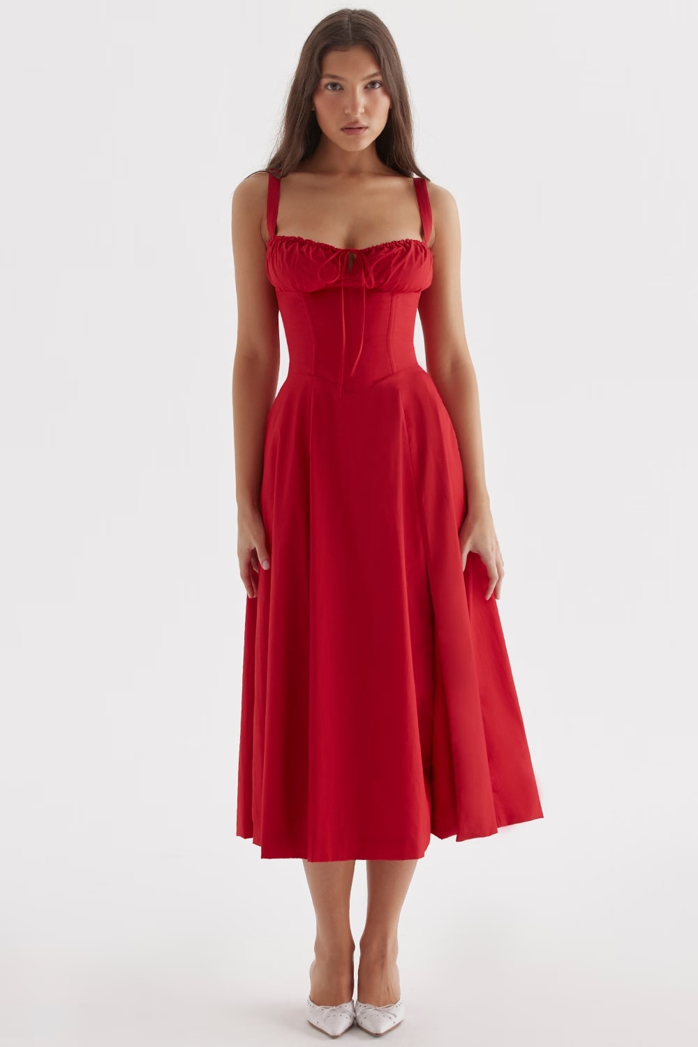 Elegancka Sukienka Midi - Gorsetowy Design & Cienkie Ramiączka