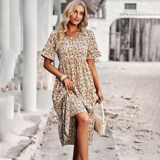 Boho Sukienka Midi - Kwiatowy Wzór & Luźny Krój
