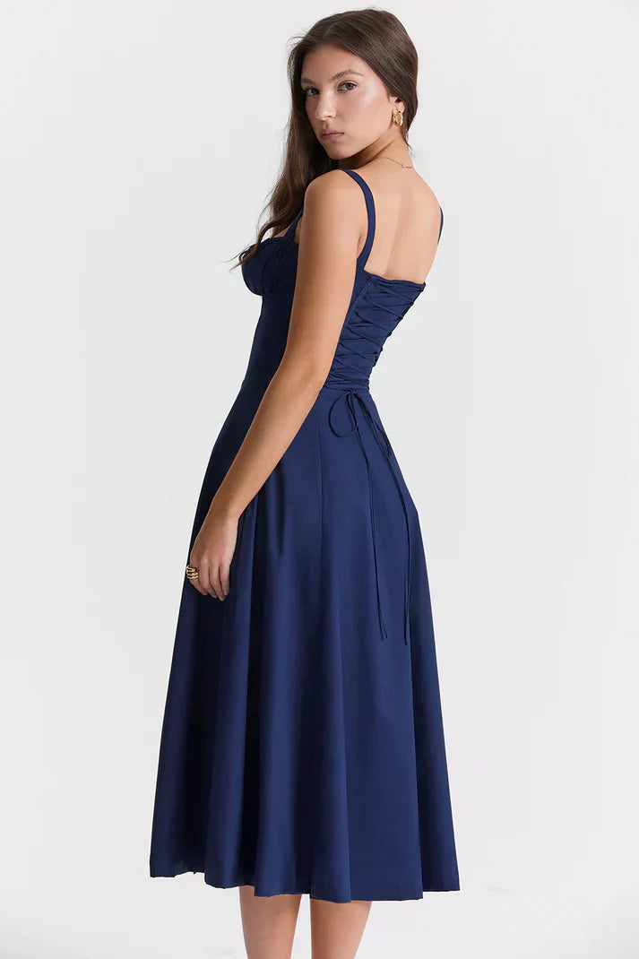 Elegancka Sukienka Midi - Gorsetowy Design & Cienkie Ramiączka