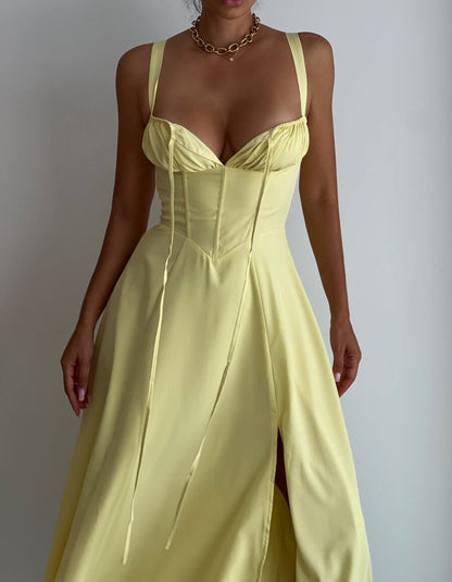 Elegancka Sukienka Midi - Gorsetowy Design & Cienkie Ramiączka