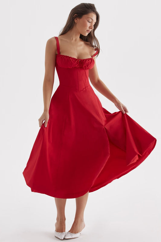 Elegancka Sukienka Midi - Gorsetowy Design & Cienkie Ramiączka