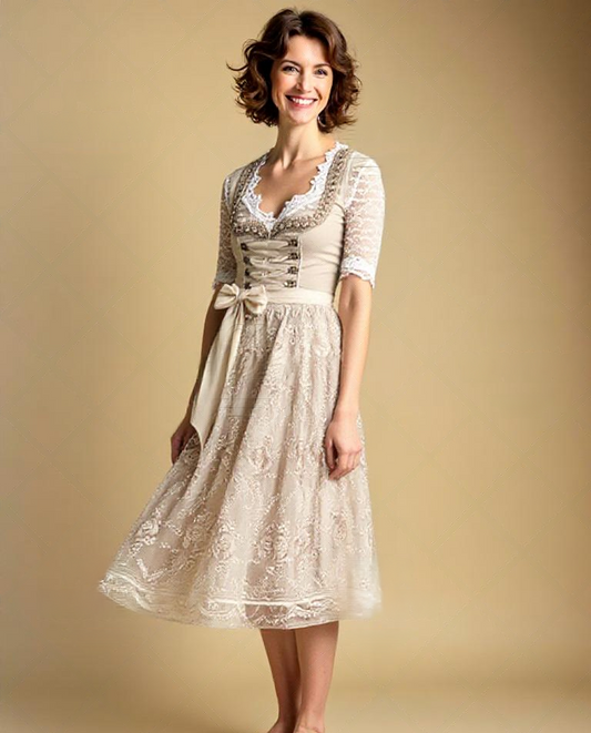 Haftowana Sukienka Dirndl - Koronkowe Rękawy & Gorsetowy Gorset